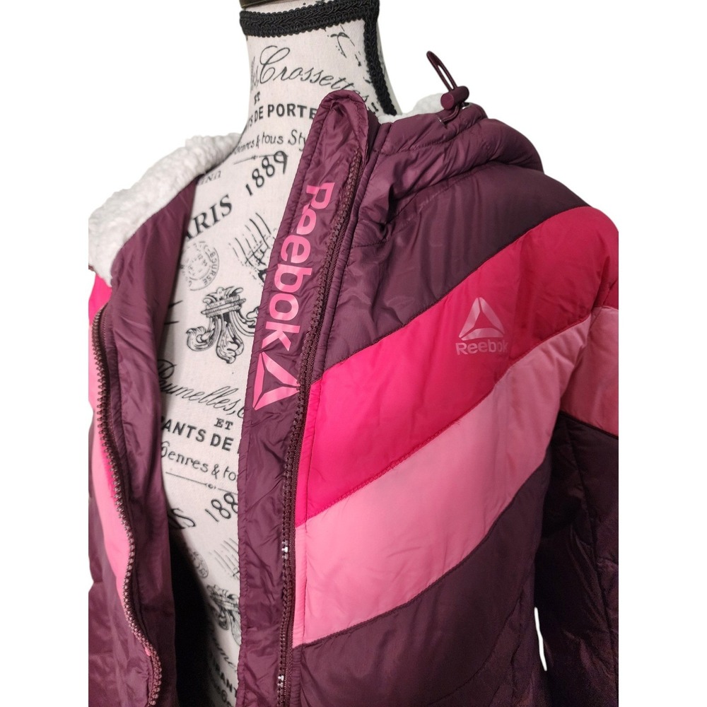 Reebok Women's Burgundy Pink Colorblock Lightweight Hooded Puffer Jacket Size L